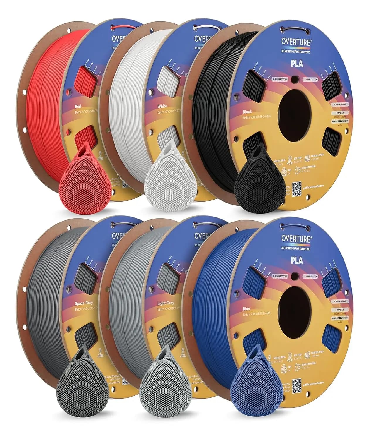 6KG PLA Filament 1.75mm Bundle, 6 Colors 1kg Each, Dimensional Accuracy +/-0.02mm, Fit Most FDM Printers