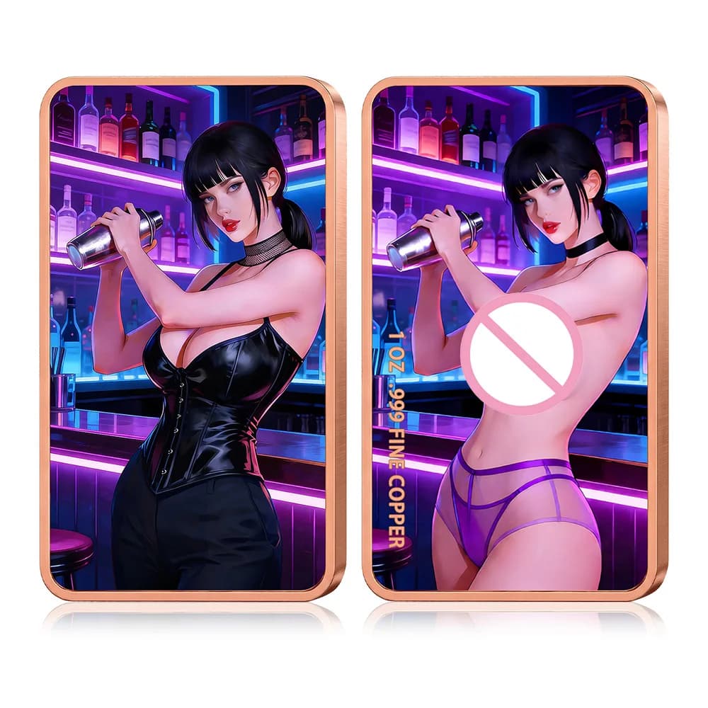 1oz .999 Pure Copper Bar Neon Night Club Bartender Girl Leather Outfit Cocktail Shaker Sexy Anime Art Colorized Collectible Gift