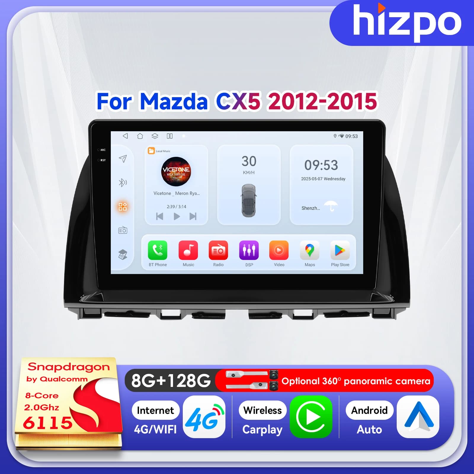 Autoradio Hizpo 10.1" con touchscreen per Mazda CX-5 2012 2013 2014 2015, unità principale con navigazione 2Din, Android, Carplay, SWC, 4G