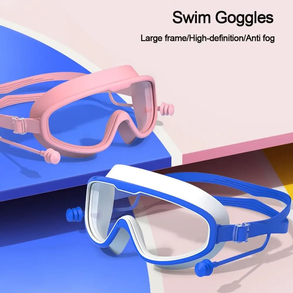Kids swimwear with big frame with earplugs swimming glasses for kids teens girls beach glasses for swimming pool