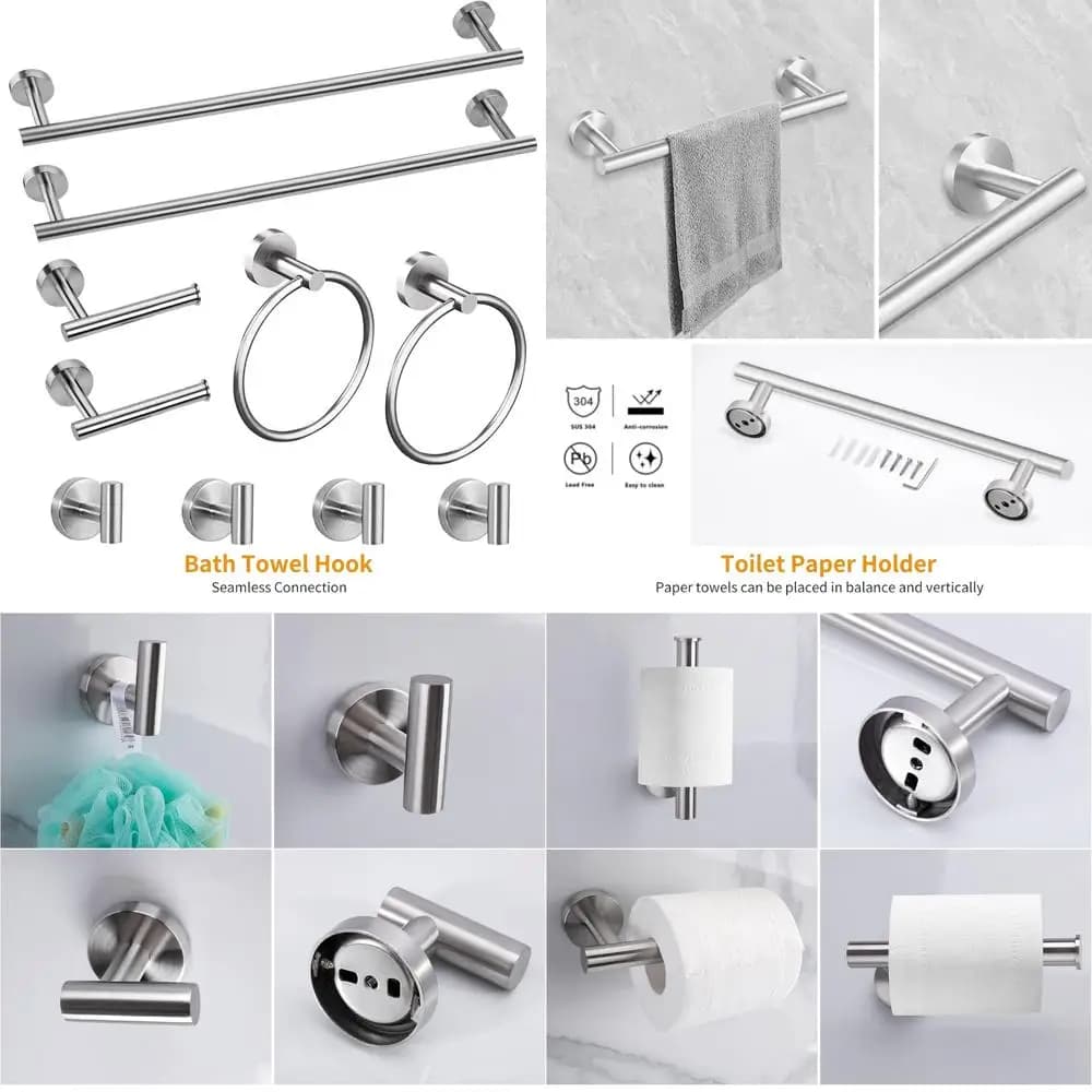 Set di accessori da bagno: portasciugamani in nichel spazzolato da 10 pezzi, porta carta igienica, gancio per accappatoio e altro ancora