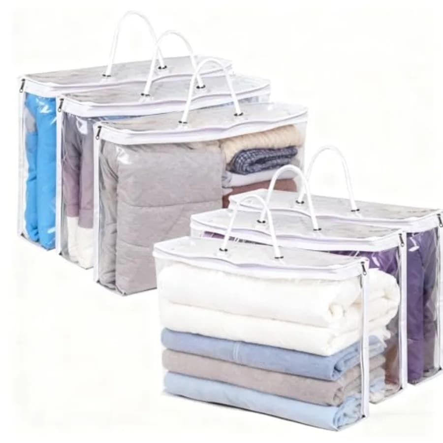 6 Pcs Storage Organizer Bags for Clothes, Clear Zippered Storage Bags for Sweater Blanket Bed Sheet Storage, Plastic Storage Ba