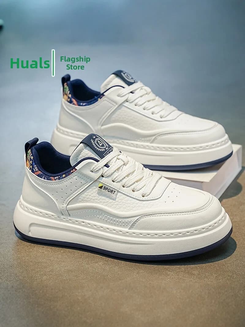Men's Casual Leather Shoes Autumn Trend Waterproof Non-Slip Sports Thick Bottom Heightening White Sneakers Outdoor Leisure
