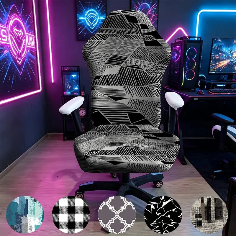 Black White Abstract Line Gaming Chair Cover, Stretch Elastic Anti-Scratch Slipcover for Gamer & Office Chair