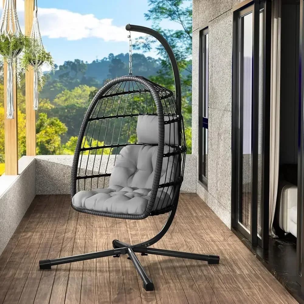 Outdoor Wicker Hanging Egg Chair with Steel Stand and UV-Resistant Cushion, Supports Up to 350lbs