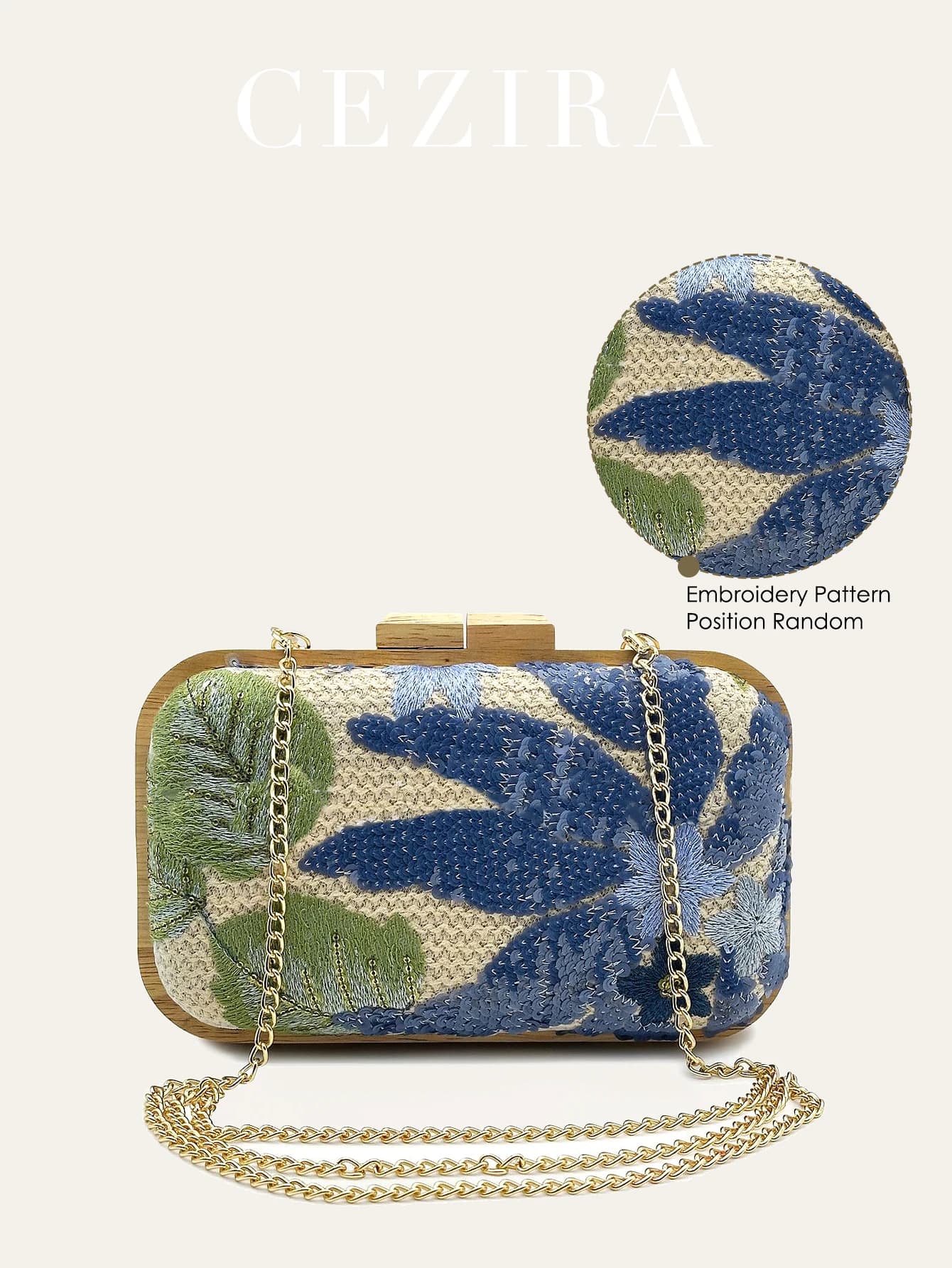CEZIRA Borsa da donna in paglia intrecciata con chiusura a bacio in legno alla moda, motivo floreale casuale, pochette con ricamo con paillettes, borsa a catena lunga