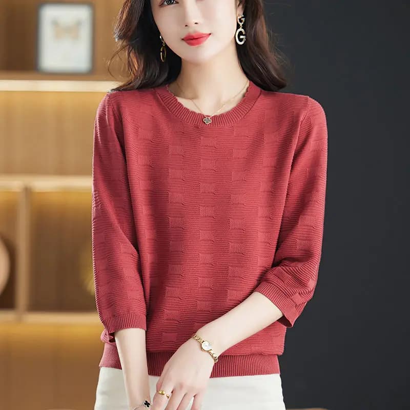 Primavera autunno abbigliamento donna tinta unita Pullover manica lunga girocollo maglione lavorato a maglia elegante filettatura Paisley top