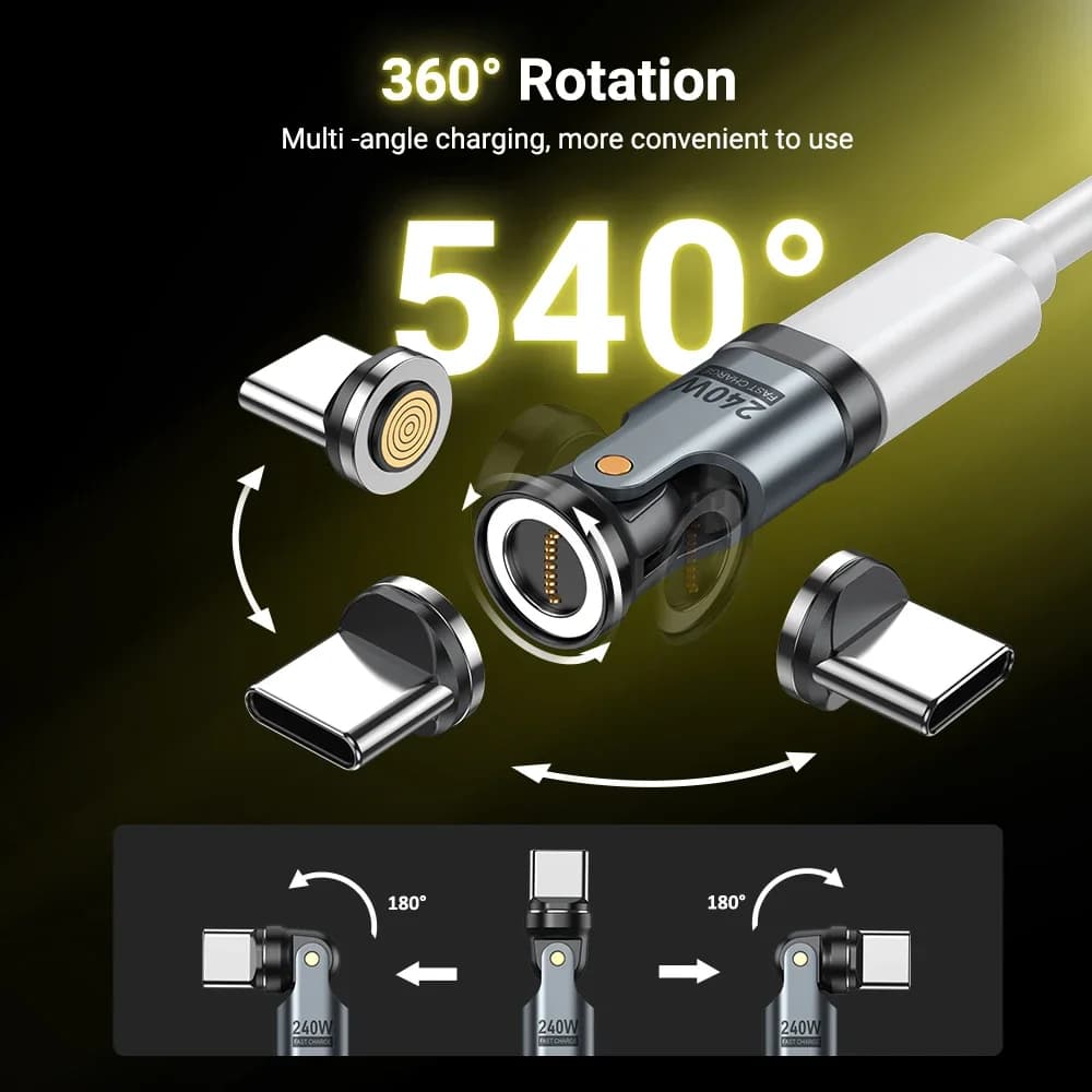 540 ° Adattatore USB-C Magnetico Rotante, Ricarica Rapida 240W PD3.1, Magnete N52, Scocca in Lega di Alluminio, per Telefono/Laptop/Console di Gioco