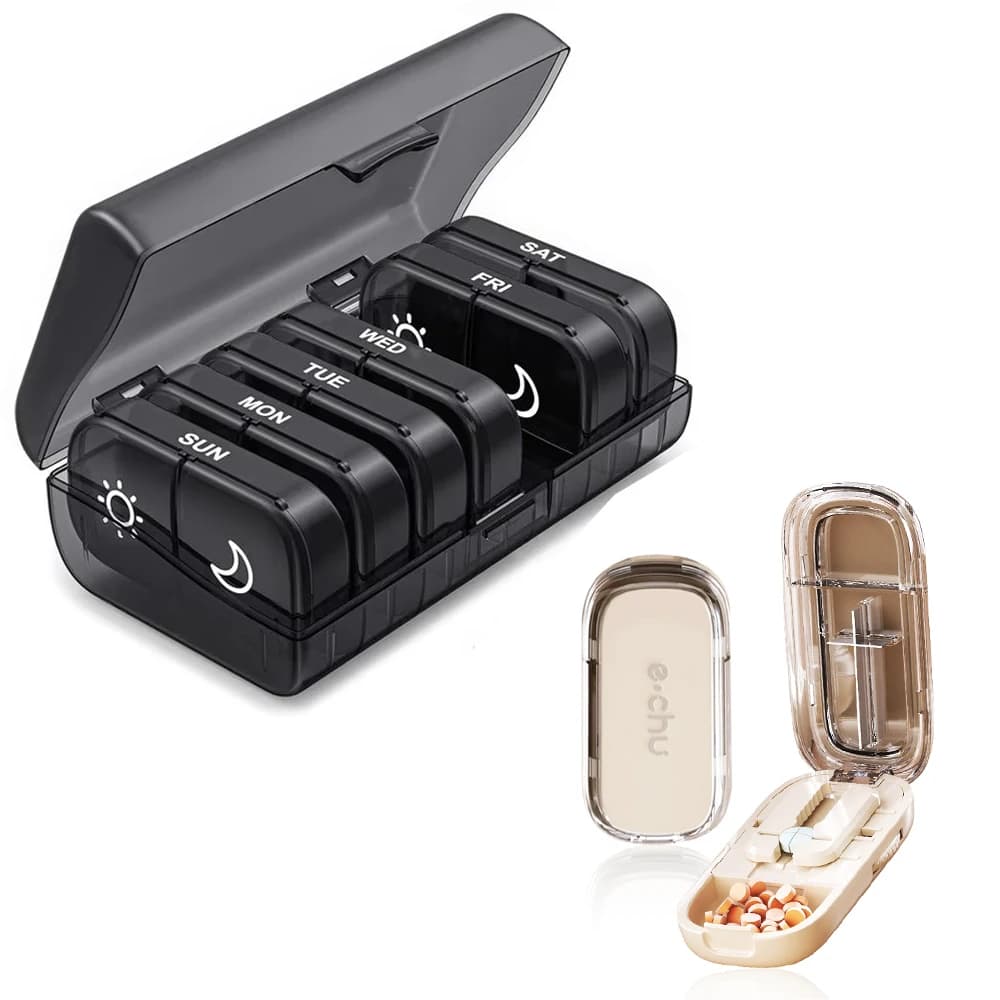 Weekly Pill Organizer 2 Times a Day Black Privacy Protection AM PM Pill Case for Vitamins, Medication, Supplements, Fish Oils