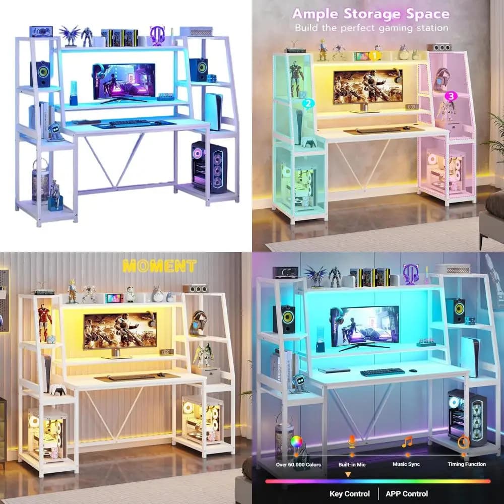 65.7 Inch LED Lighted Gaming Desk with Storage Space, Loft and Monitor Support, Ideal for PC Players and Home Offices