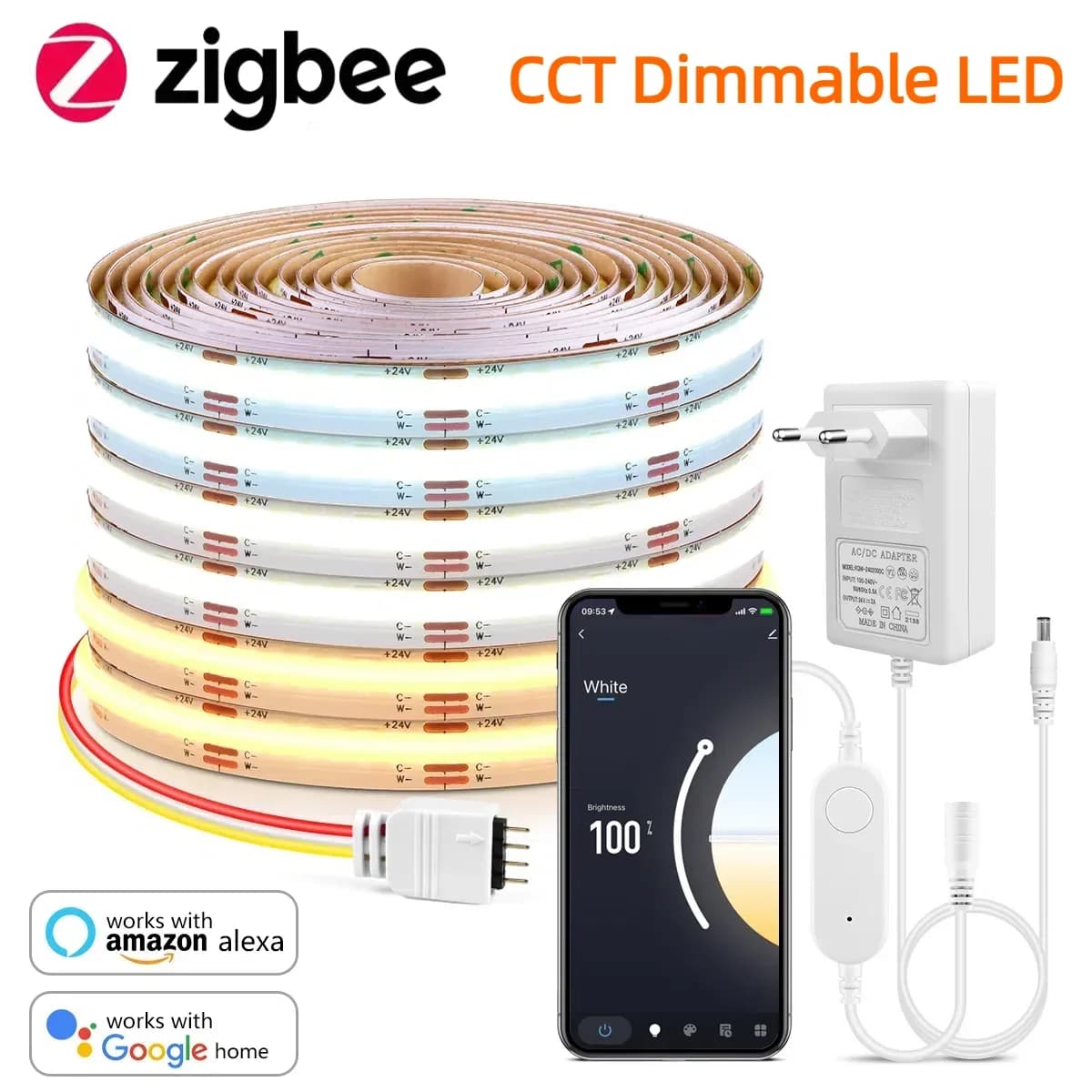 Zigbee 3.0 CCT 2700K-6500K Dimmable COB LED Strip Light 608LED/M High Density Works with Zigbee Hub Gateway Alexa Google Home