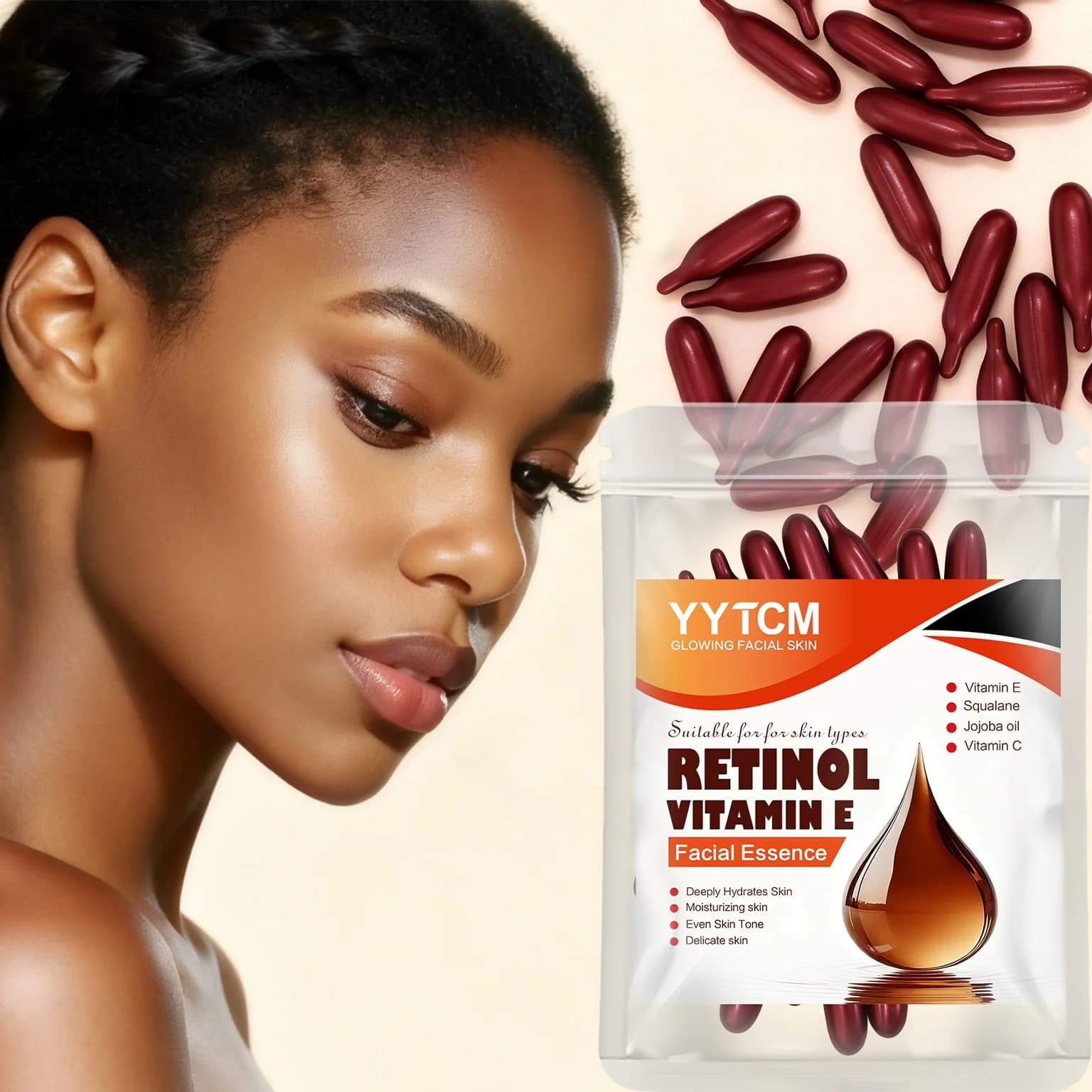 Essence in deep hydrating capsules to the retinol and vitamin E, moisturizes, firms and smooths the skin, contains plant squalane, vitamin C, deep moisturizing and illuminating essence for the skin (0,4Gx30 capsules)/Confection-1 Packaging