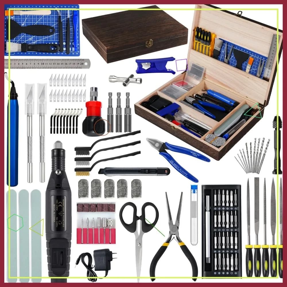 Kit di strumenti per stampante 3D da 124 pezzi con scatola di legno - Strumenti per sbavatura, penne abrasive, tagliatubi per la finitura dei modelli