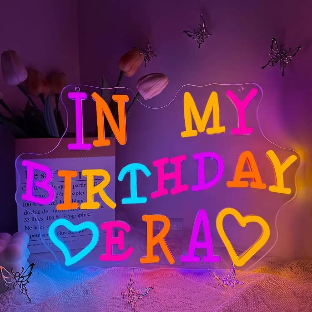 Happy Birthday Neon Sign USB Powered In My Birthday Era LED Light for Yard Club Pub Party Live Music Concert Bedroom Decor