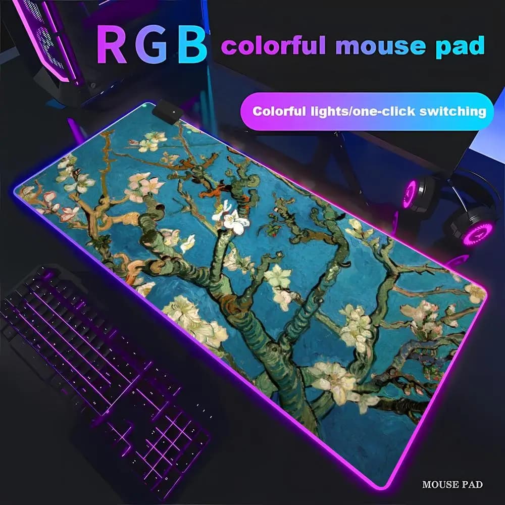 Tappetino da Scrivania HYBXAXC Van Gogh Almond Blossom, Mousepad Gaming RGB HD con Luce LED XXL per PC Gamer