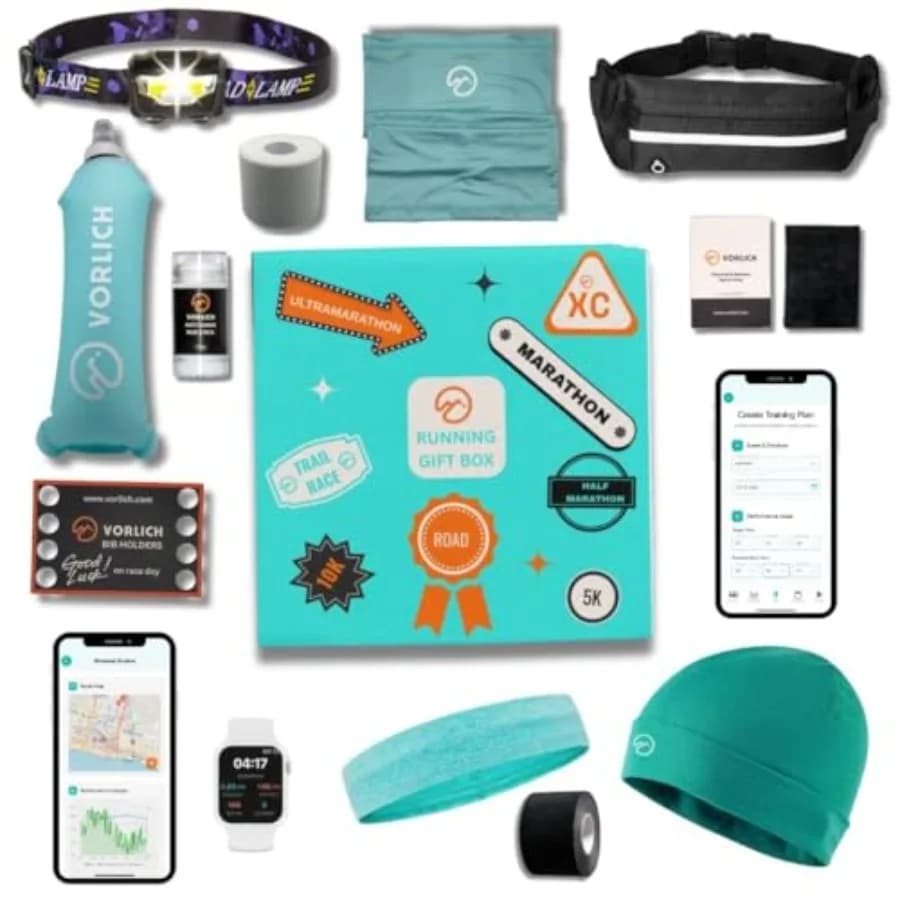 Cofanetto Regalo per Corridori con 13 Articoli Essenziali per Donne e Uomini, Include App per la Corsa Piano di allenamento, cintura da corsa, balsamo anti-sfregamento
