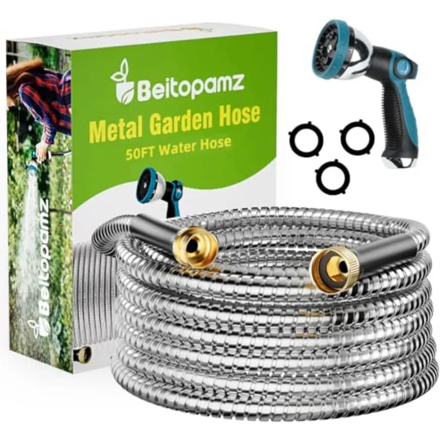 Garden Hose 50 ft, Stainless Steel Metal Water Hose with Nozzle, Flexible and Durable, Rust Proof, No-Kink, Heavy Duty, Leakpro