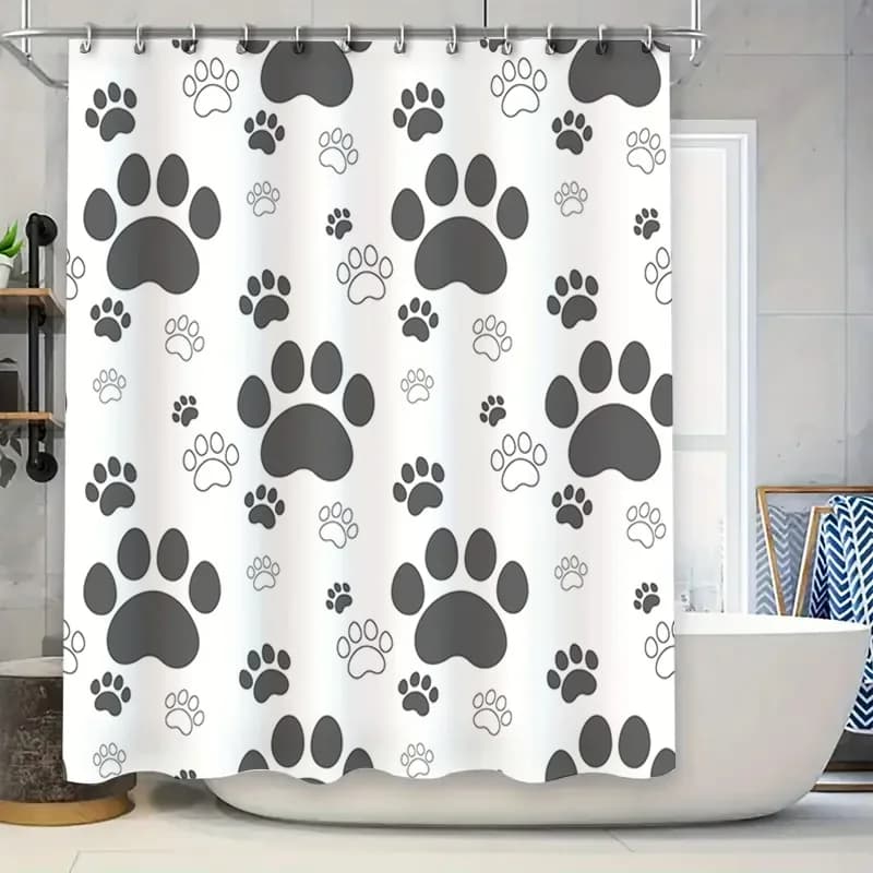 Tenda da doccia bianca con stampe di zampe nere Copertura da doccia decorativa con stampa di animali domestici per bagno - Materia impermeabile di facile installazione