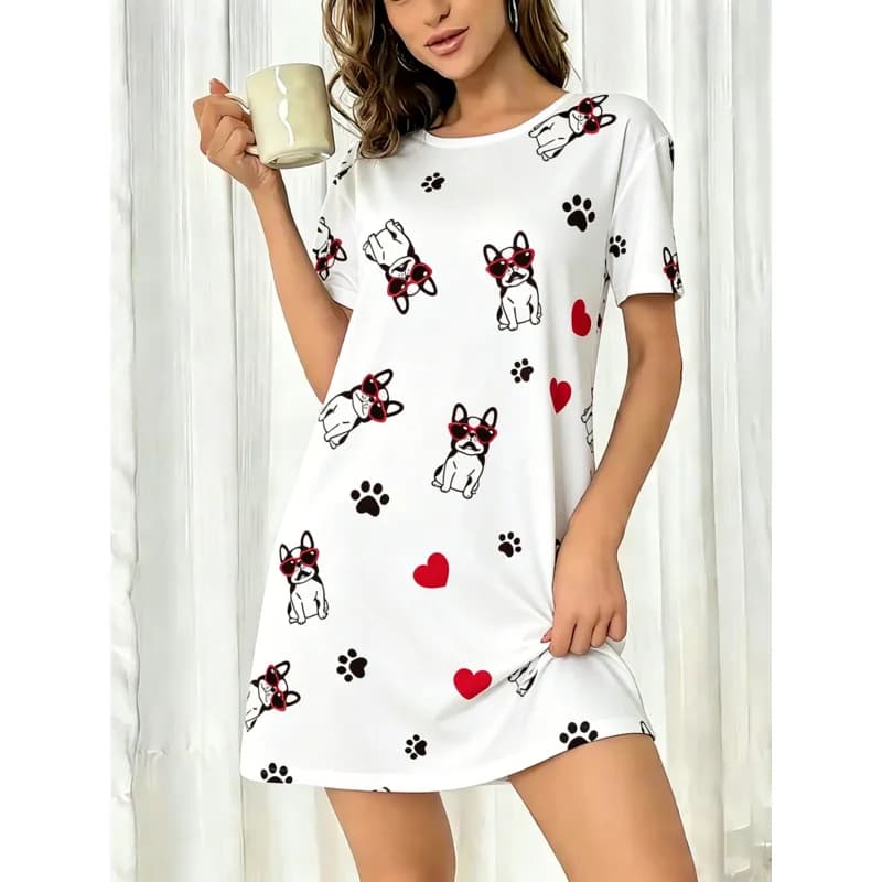 Women's Spring Summer White Sleep Dress Round Neck Short Sleeve Cute Cartoon French Bulldog Heart Paw Print
