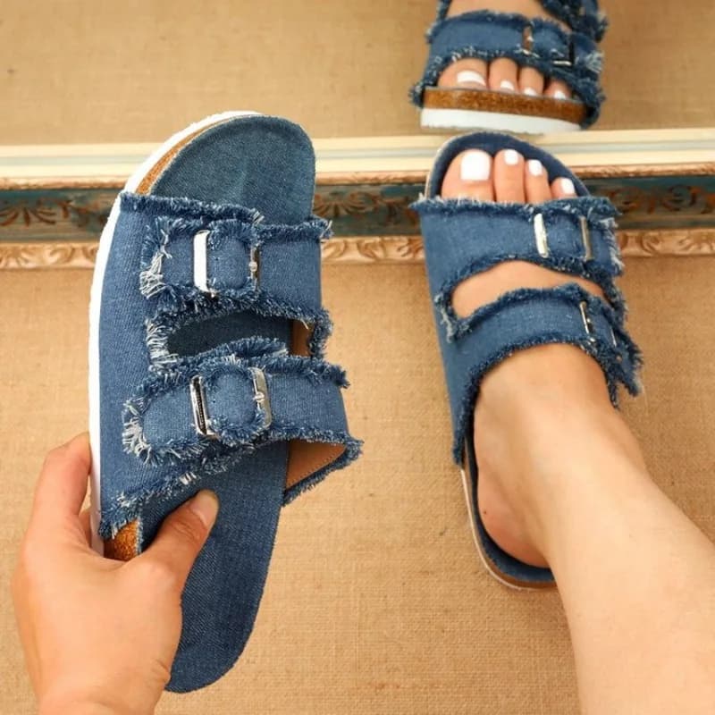 New Fashion Denim Belt Buckle Outside Wear pantofole firmate donna lusso Pantuflas estivi Donna Infradito piatte Scivoli da donna