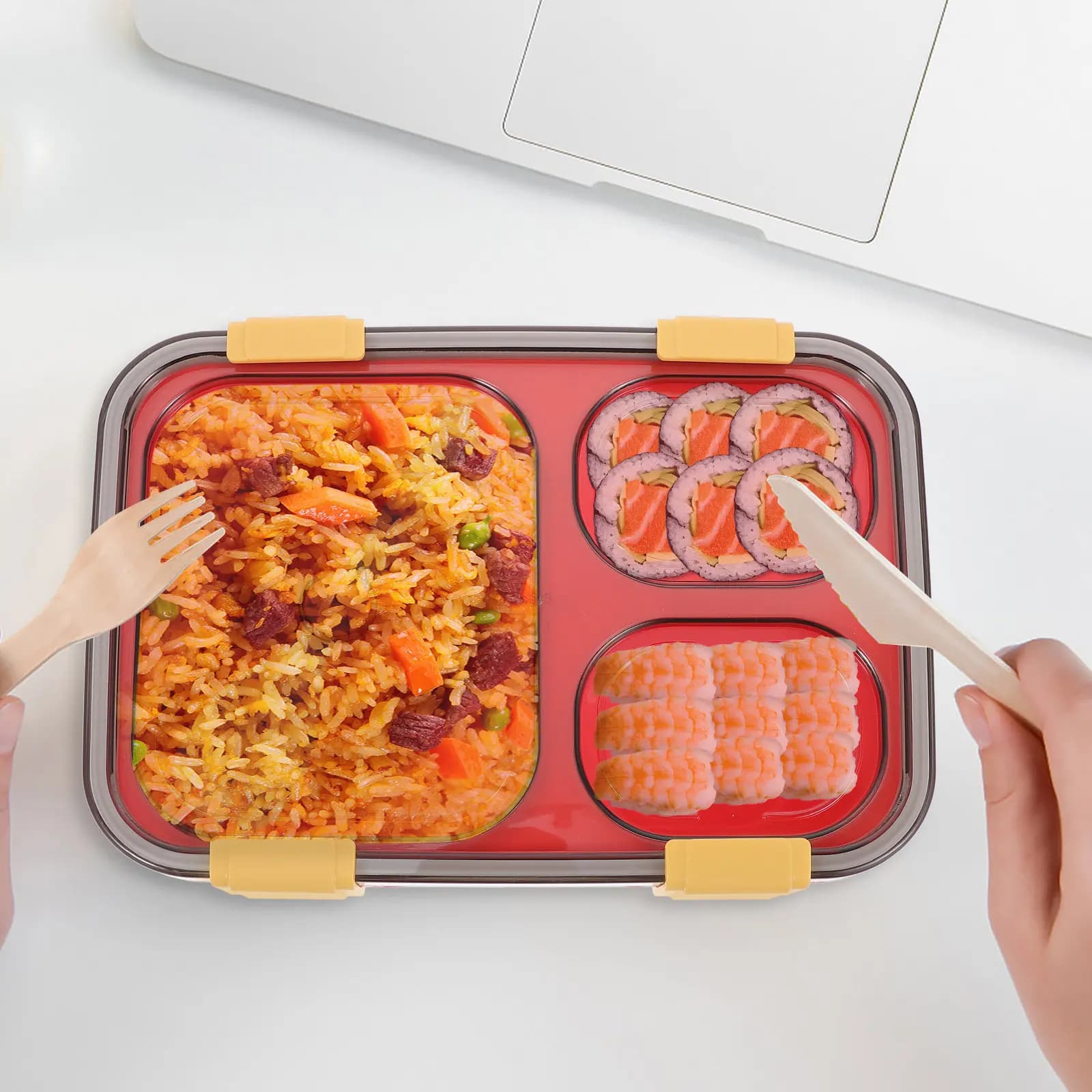 Contenitore per Pranzo Bento da Microonde, Portatile e a Prova di Perdite, con 3 Scomparti, Scatola Riutilizzabile in PP per Conservazione Pasti per Adulti