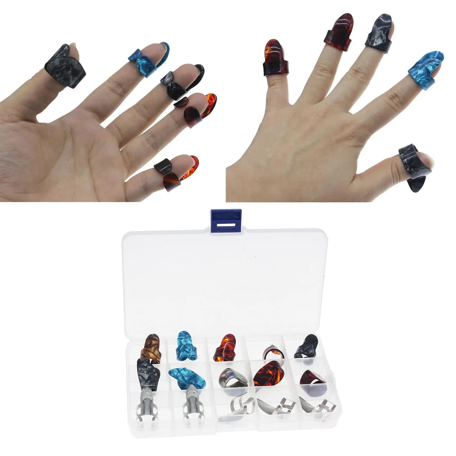 Kit di accessori per chitarra 10 plettri per pollice, 5 plettri e custodia in metallo