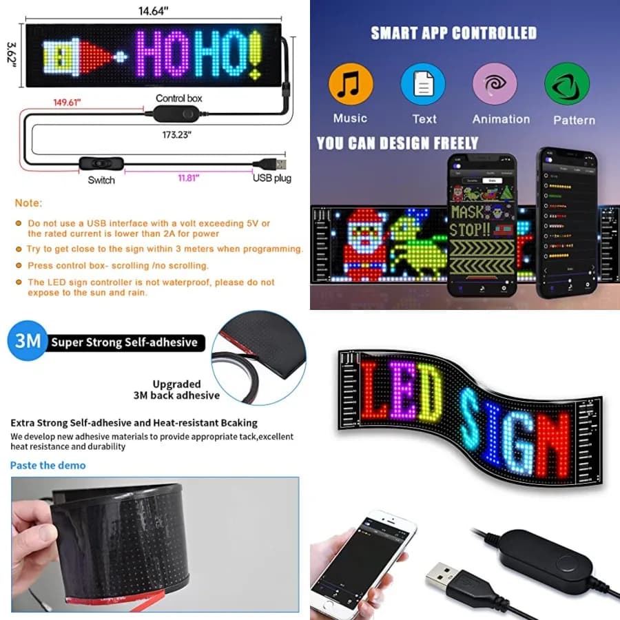 Pannello LED a Matrice con Controllo Bluetooth APP, Schermo LED Flessibile USB 5V, Insegna Animata con Testo Scorrevole per Finestrini Auto, Negozi
