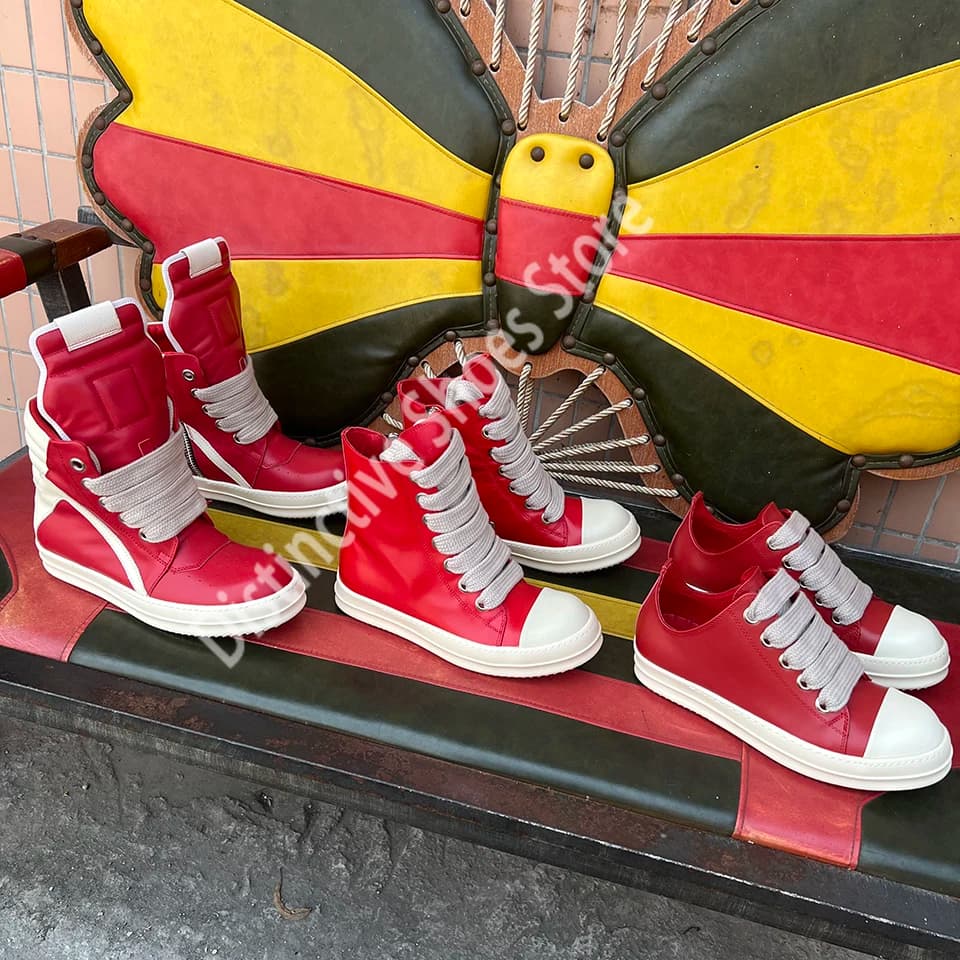 Brand Men Leather Sneakers Jumbo Lace Men Shoes Ro Women's Casual Shoes Quality Solid Couple Shoes Red Low Top Women's Sneakers