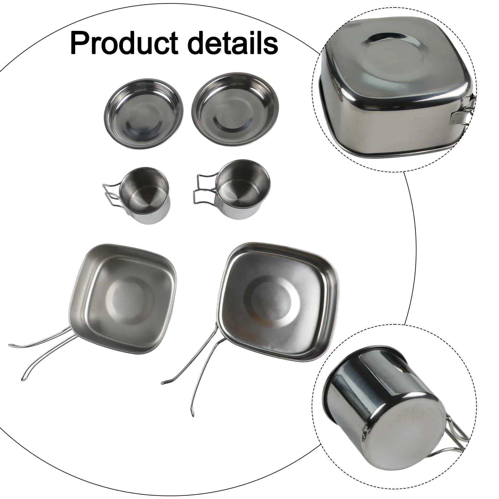 Efficient stainless steel camping pot set with pan, pan, cups and dishes for picnics and outdoor dinners