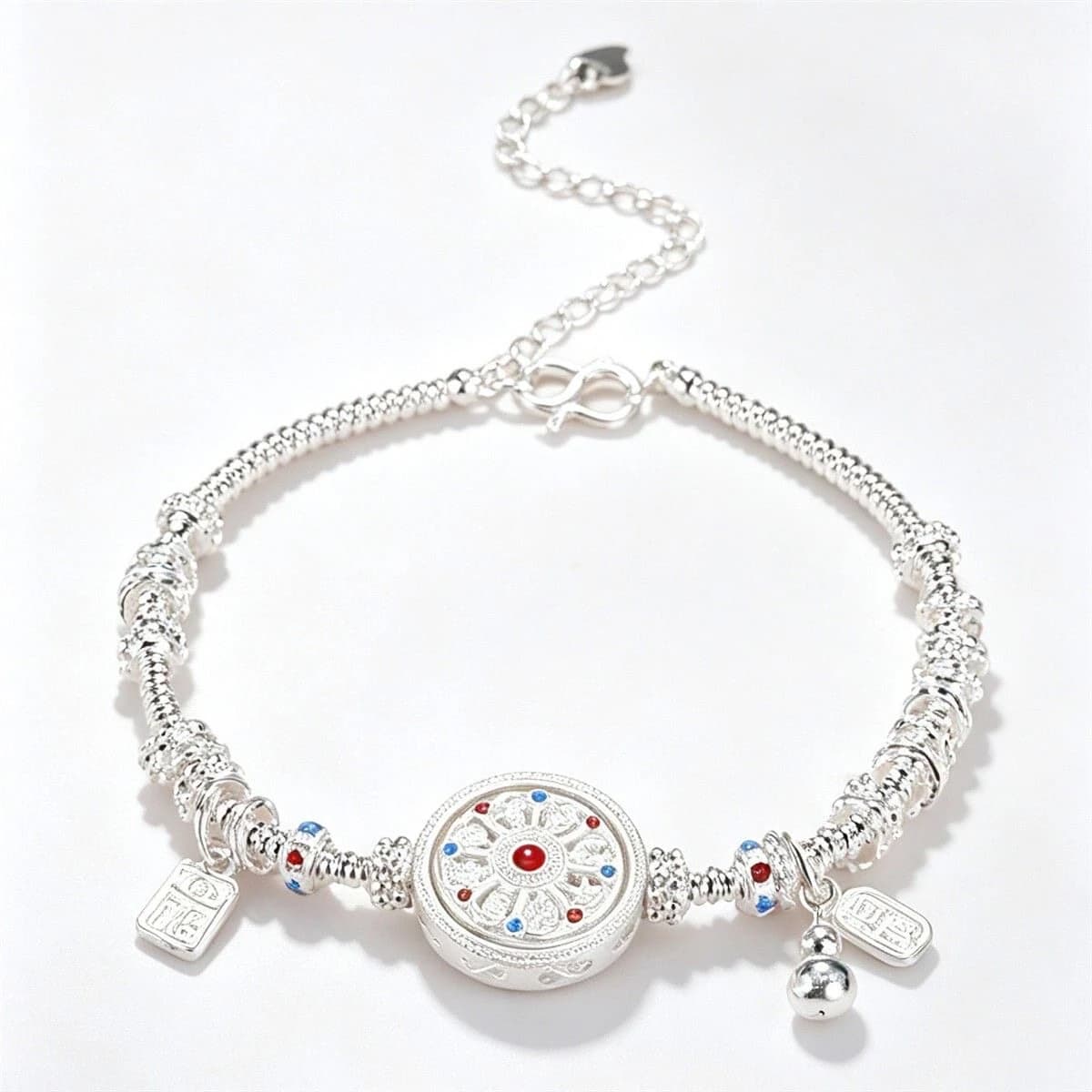 OUYADI Ladies 999 Sterling Silver Tibetan Style Dharma Wheel Bracelet, Enamel Bead Tag Bell Adjustable Wrist Jewelry Gift