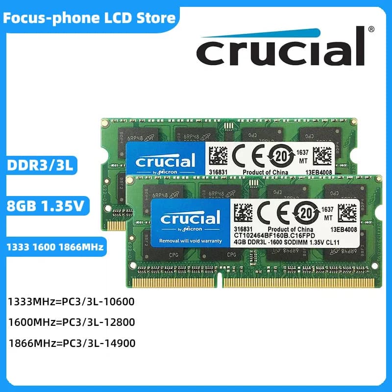 RAM cruziale DDR3 DDR3L 8GB 1333MHz 1600MHz 1866MHz SODIMM Ram PC-10600 12800 14900 1.5V 1.35V 204Pin per memoria notebook portatile
