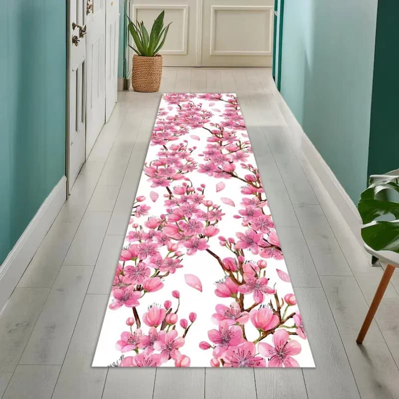 Tappeto VIKAMA Giapponese Sakura Rosa Pastello Floreale per Corridoio, Morbido e Assorbente, Stile Zen Japandi con Fiori di Ciliegio per Arredamento Casa