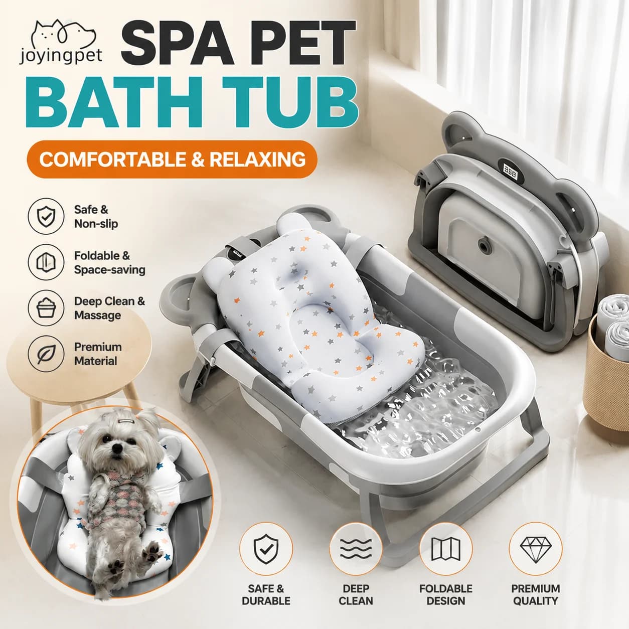 Collapsible Pet Bath Tub for Cats Dogs, Non-Slip Anti-Scratch Wash Basin with Drain, Portable Foldable Grooming Tool