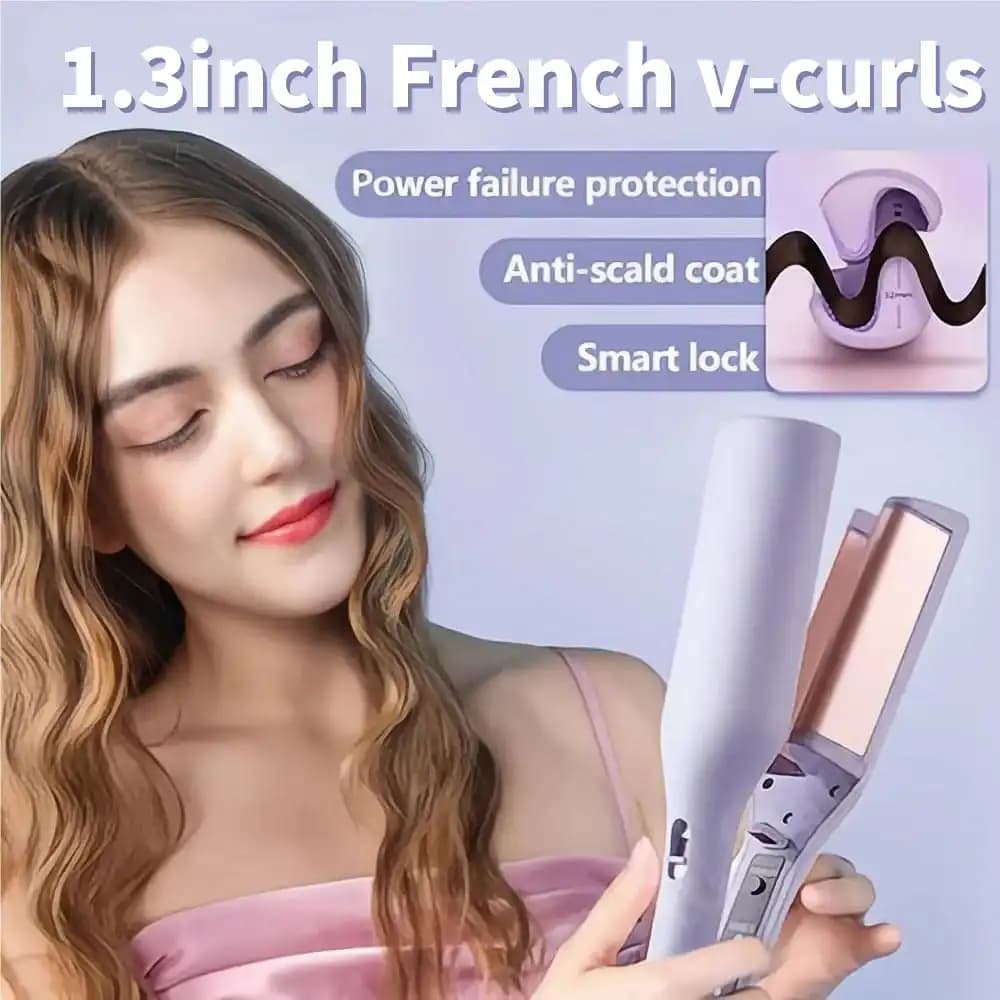 Ferro arricciacapelli elettrico professionale da 32 mm con cilindro in lana d'agnello, per onde francesi di lunga durata, strumento per lo styling di onde larghe e profonde.