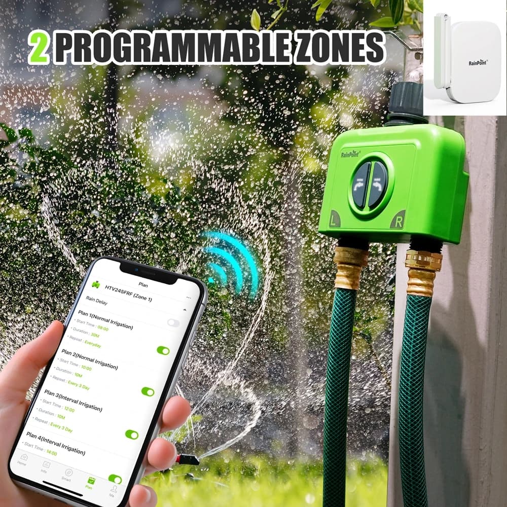 RainPoint Timer Irrigazione a 2 Zone WiFi, Centralina Irrigazione Intelligente Basata sul Clima, Sistema Automatico di Irrigazione a Goccia per Giardino e Tubi