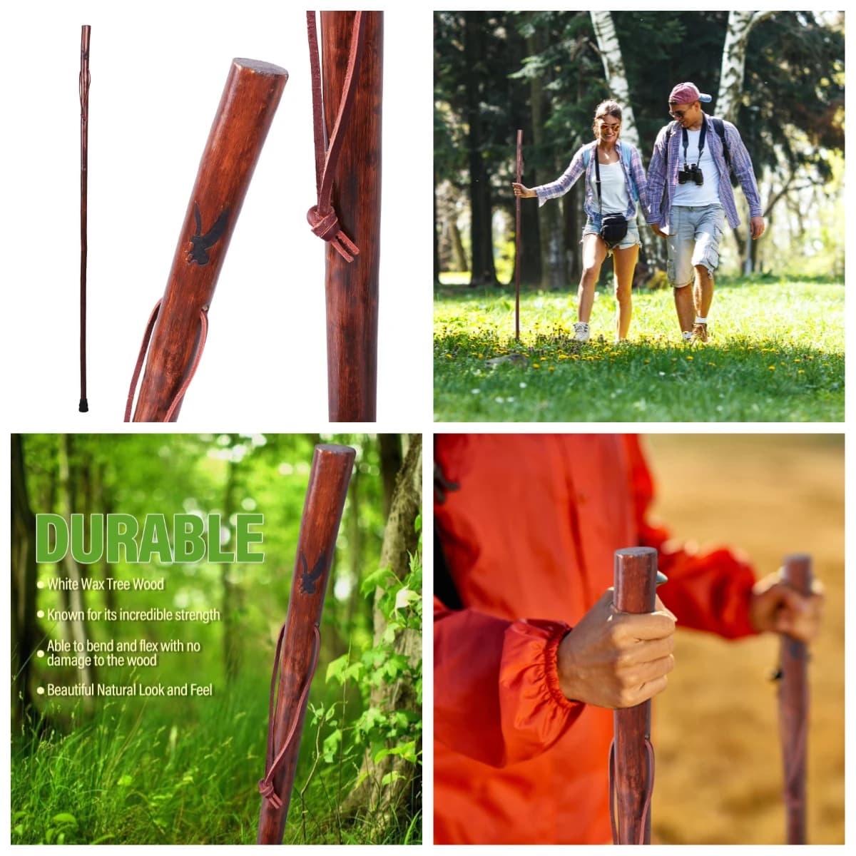55 Inch Rustic Solid Wood Walking Stick with Traditional Ergonomic Handle, Lightweight Sturdy Wooden Trekking Pole, Non-Slip Hiking Walking Cane for Men Women, Outdoor Camping, Trail Walking & Daily Balance Support