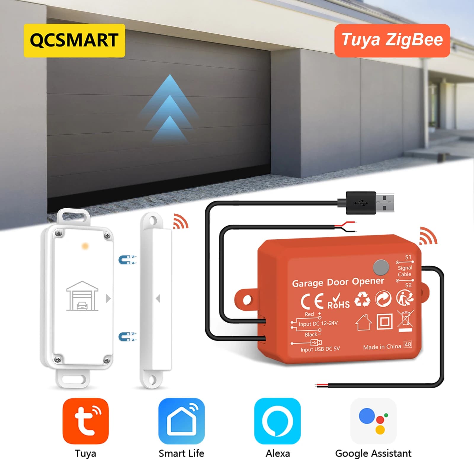 QCSMART ZigBee 3.0 Controller per apertura sensore wireless per porta garage App Tuya Smart Life Controllo vocale remoto Assistente Google Alexa