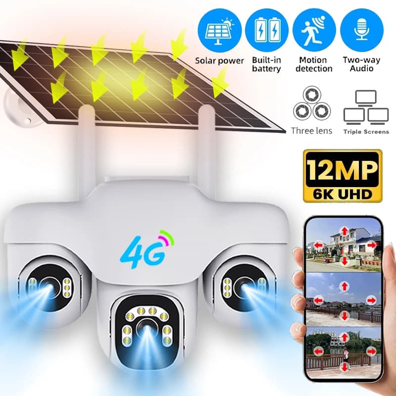Telecamera PTZ solare a tre obiettivi Telecamera esterna IP66 Batteria impermeabile Monitor video Telecamere di sorveglianza di sicurezza con zoom 10X a 3 schermi da 12 MP