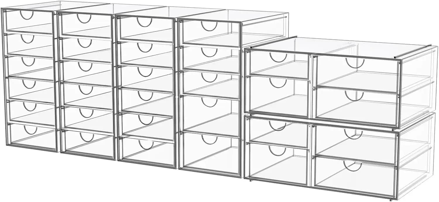 Organizzatore per Trucchi in Acrilico Trasparente con 31 Cassetti, Set da 6 Contenitori per Cosmetici, Bagno, Scrivania