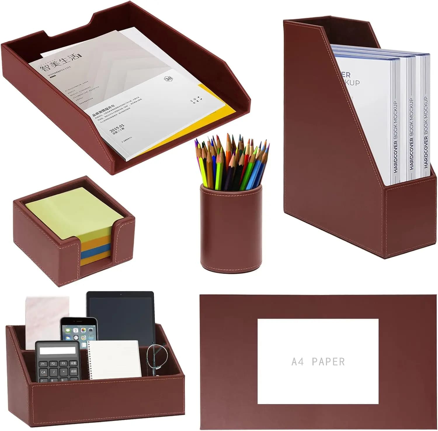 Set Organizzatore da Scrivania in Pelle PU Marrone con Blocco per Appunti, Portadocumenti, Portapenne, Porta Note e Porta Biglietti per Forniture da Ufficio