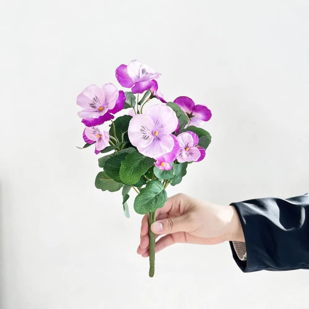 30cm Artificial Pansy Flowers Bouquet UV Resistant Silk Silk Fake Flowers Tricolor Violet Five Fork Artificial Green Plants