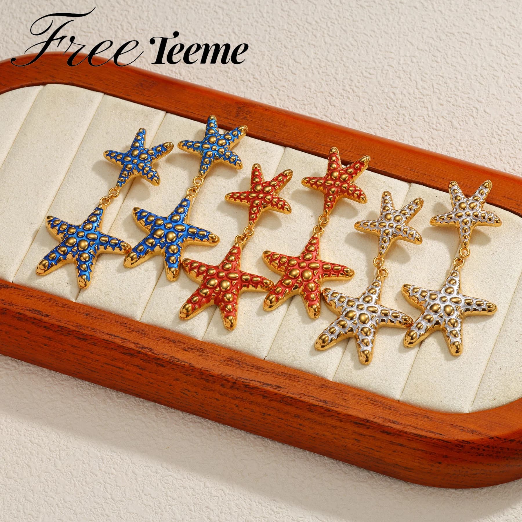 Freeteeme Boho Double Starfish Stud Earrings for Women Mom Stainless Steel Colorful Dangle Earring Ocean Series Holiday Jewelry