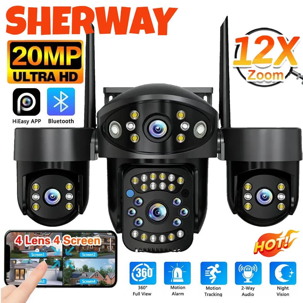 Telecamera di sicurezza Wifi 10K 20MP Wireless per esterni 4 obiettivi 4 schermi 360 ° Telecamera PTZ con tracciamento automatico del movimento CCTV con zoom 12X