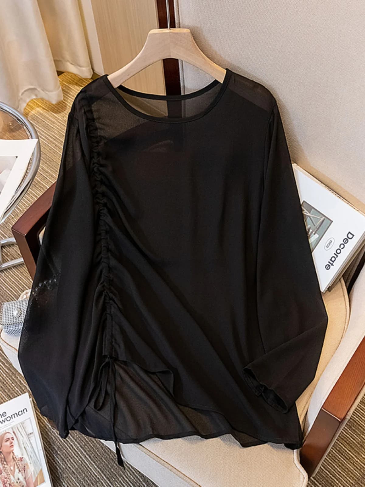 Black Thin Chiffon Sun Protection T-Shirt Women Summer New plus Size Mid-Length Outer Cover Drawstring Top Korean Style Loose...