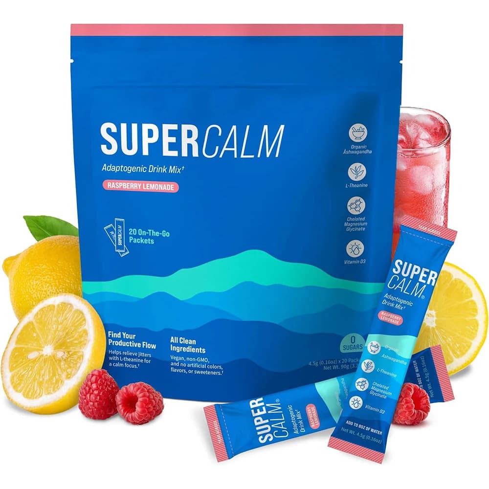 SUPERCALM powder drink - raspberries lemonade, Ashwagandha, Magnesium glycinate, vitamin D 3, Supplements for relaxation and thesis on fire