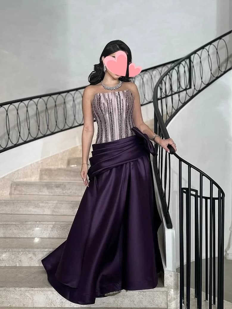 Vintage Elegant Evening Dress Other Shore with Purple Beads and Satin Bow, Strapless, Customizable for formal occasions