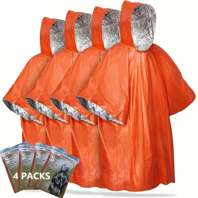 Hooded Emergency Rain Poncho, PE Material, Waterproof & Warm with Aluminum Coated Lining, Survival Emergency Blanket for Camping