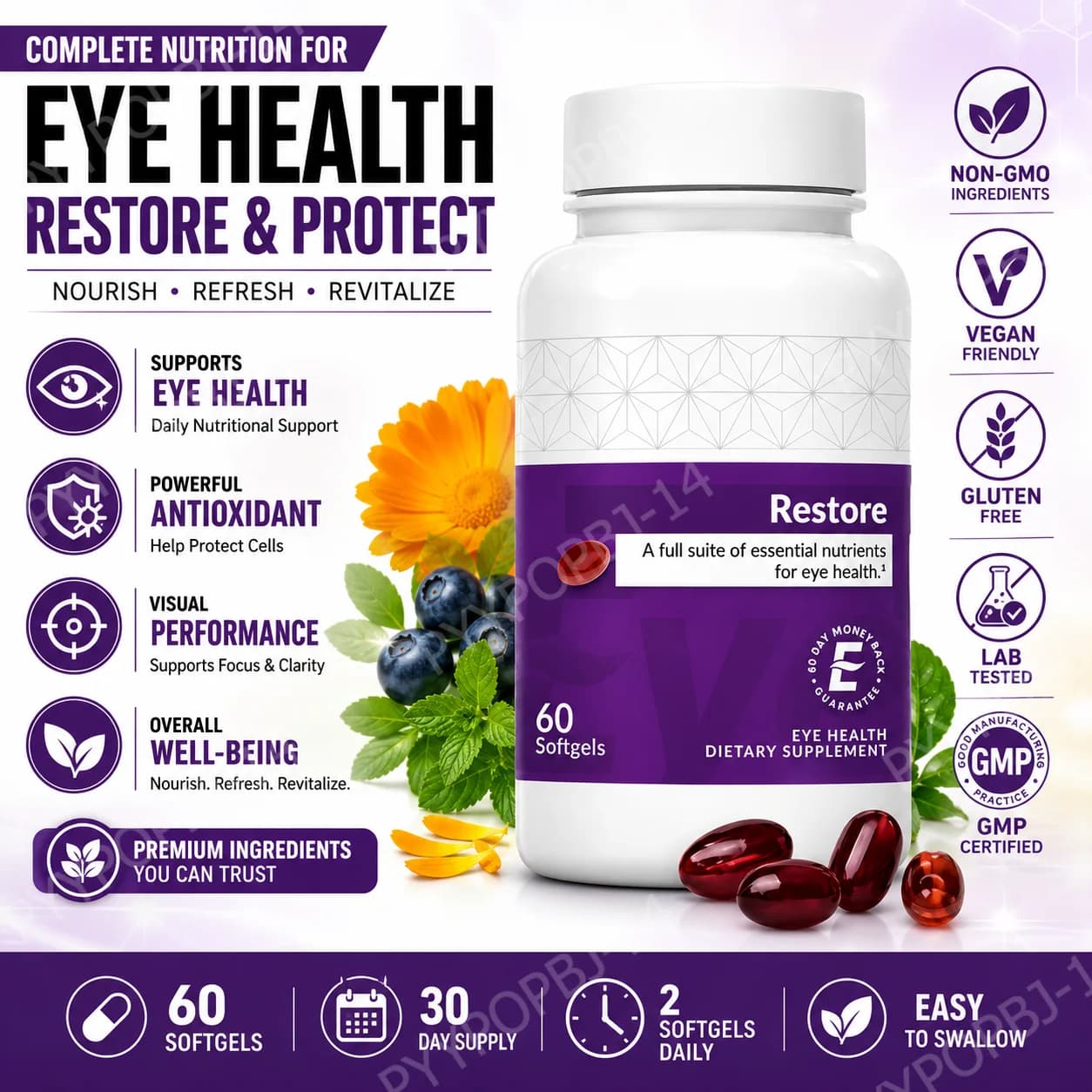 Eye Nutrition Softgels with Lutein Zeaxanthin, Omega 3 EPA DHA, Vitamins C D3 E, Zinc CoQ10, Daily Wellness, 60 Count