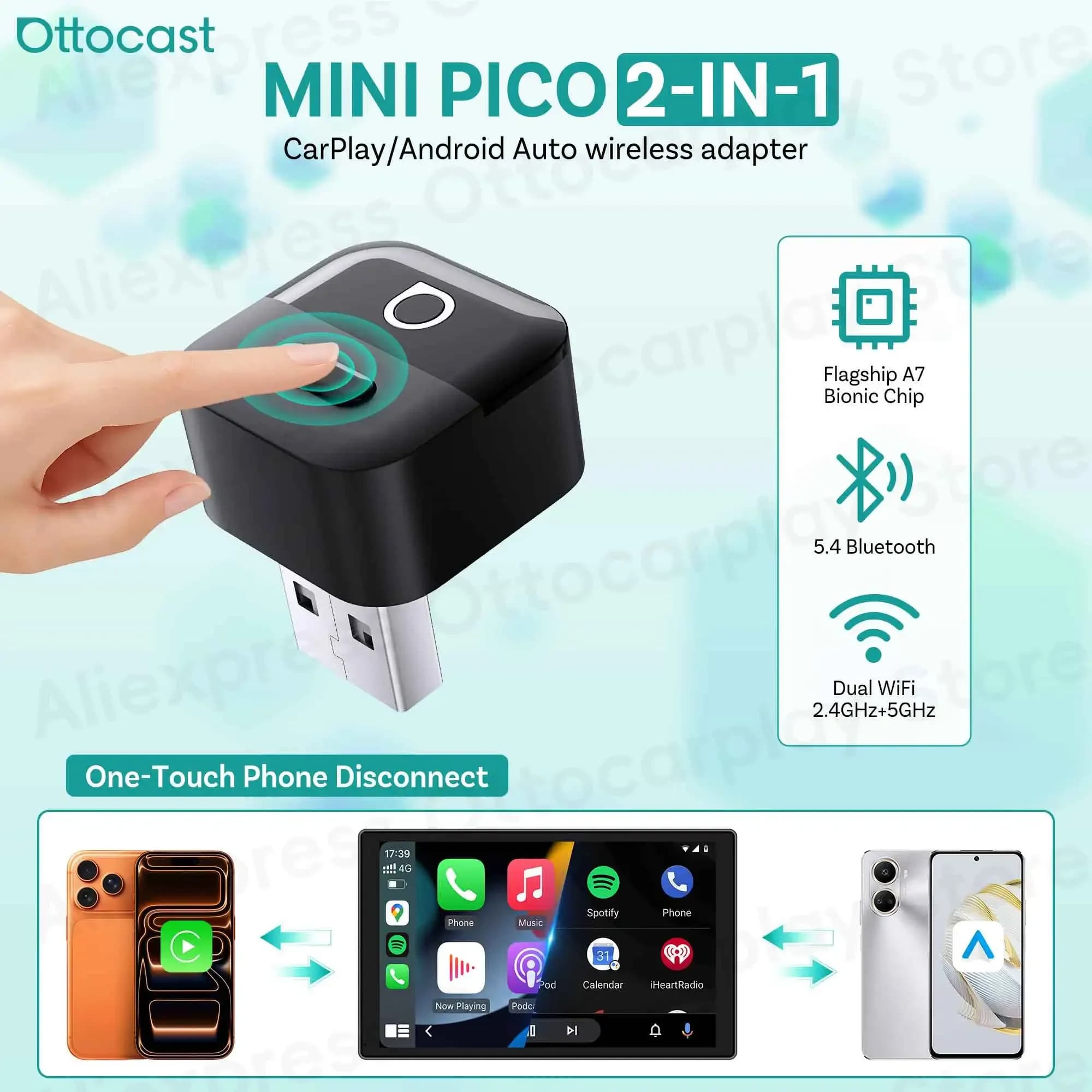 Adapter Wireless OTTOCAST Mini Pico 2026 for CarPlay and Android Auto, Compatible with iPhone and Android Phones, Auto Accessories for VW, Toyota, Ford, Benz
