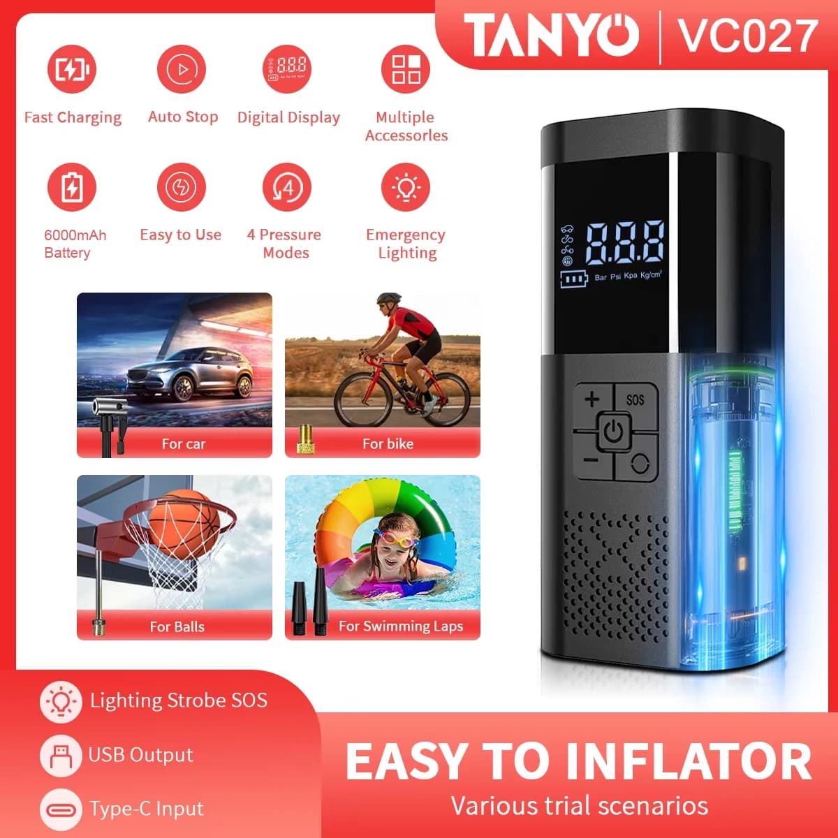 Compressore d'aria senza fili, spegnimento automatico, display a LED per auto, SUV, camion, moto, gonfiatore per pneumatici per bici Pompa d'aria a pressione accurata